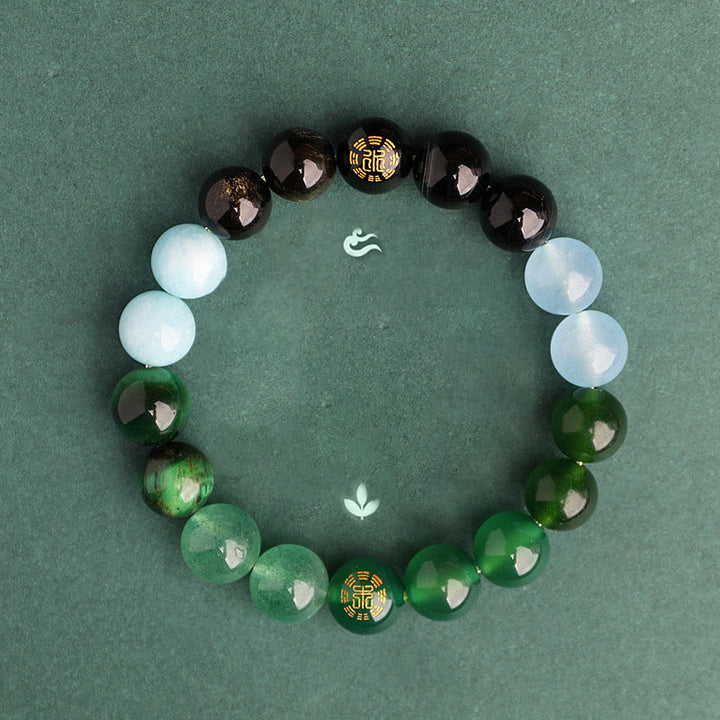 Buddha Stones Bransoletka mądrości z pięciu elementów z różnokolorowego agatu, czarnego onyksu i zielonego chalcedonu z akwamarynem - image 1