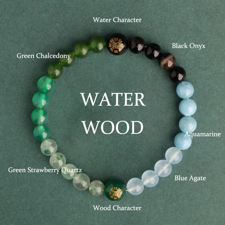 Buddha Stones Bransoletka mądrości z pięciu elementów z różnokolorowego agatu, czarnego onyksu i zielonego chalcedonu z akwamarynem - Drewno Wodne (Obwód nadgarstka: 14-16 cm) - 6 mm - image 3