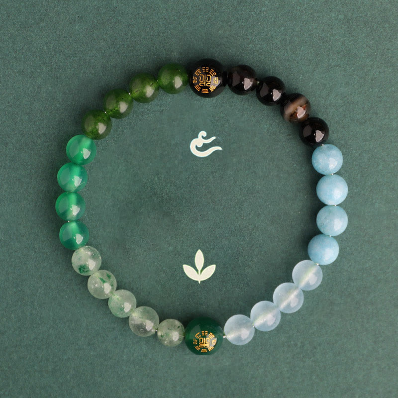 Buddha Stones Bransoletka mądrości z pięciu elementów z różnokolorowego agatu, czarnego onyksu i zielonego chalcedonu z akwamarynem - image 4