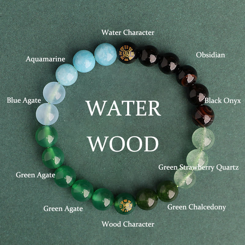 Buddha Stones Bransoletka mądrości z pięciu elementów z różnokolorowego agatu, czarnego onyksu i zielonego chalcedonu z akwamarynem - Drewno Wodne (Obwód nadgarstka: 14-16 cm) - 8 mm - image 13