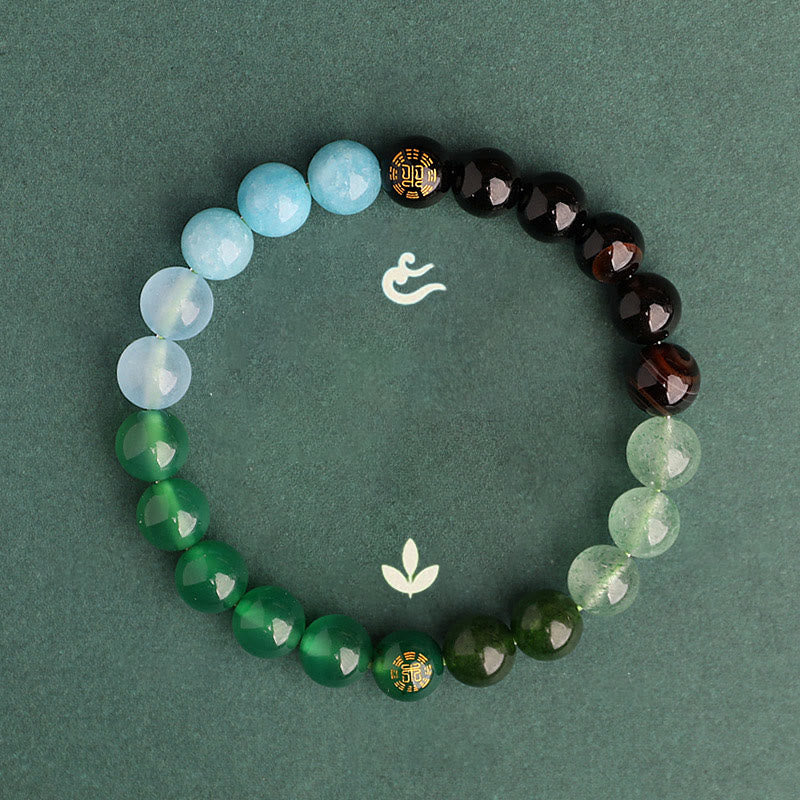 Buddha Stones Bransoletka mądrości z pięciu elementów z różnokolorowego agatu, czarnego onyksu i zielonego chalcedonu z akwamarynem - image 14