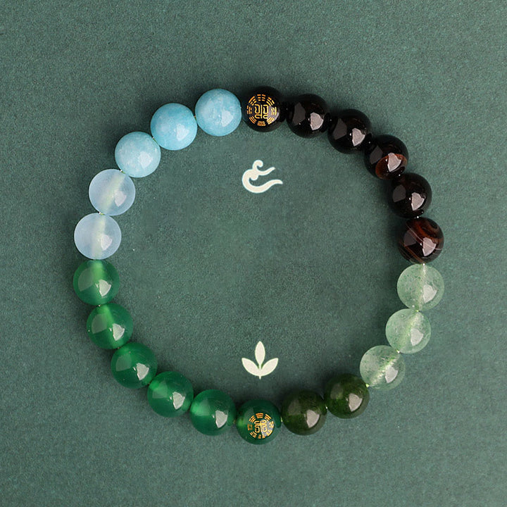 Buddha Stones Bransoletka mądrości z pięciu elementów z różnokolorowego agatu, czarnego onyksu i zielonego chalcedonu z akwamarynem - image 14