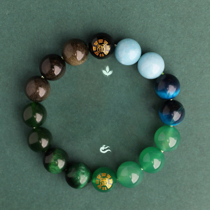 Buddha Stones Bransoletka mądrości z pięciu elementów z różnokolorowego agatu, czarnego onyksu i zielonego chalcedonu z akwamarynem - image 16
