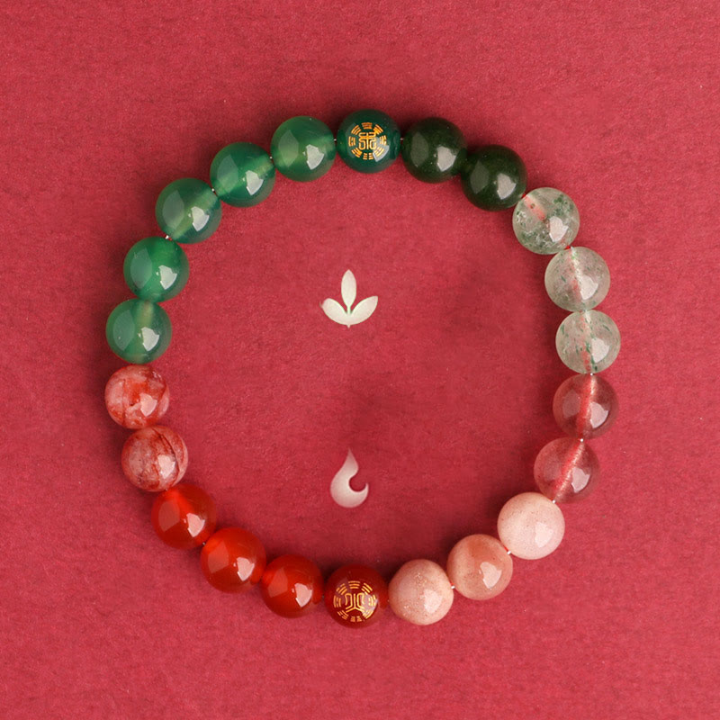 Buddha Stones Bransoletka mądrości z pięciu elementów z różnokolorowego agatu, czarnego onyksu i zielonego chalcedonu z akwamarynem - image 48
