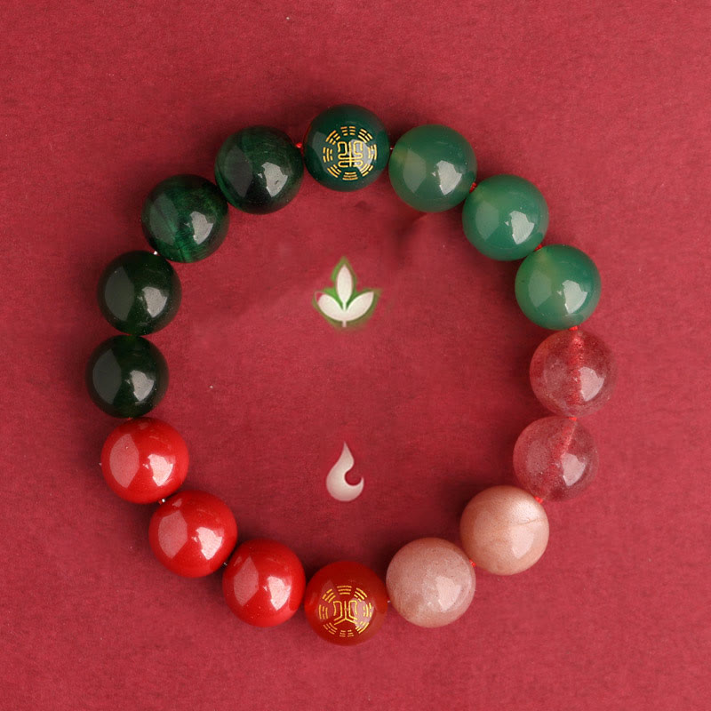 Buddha Stones Bransoletka mądrości z pięciu elementów z różnokolorowego agatu, czarnego onyksu i zielonego chalcedonu z akwamarynem - image 52