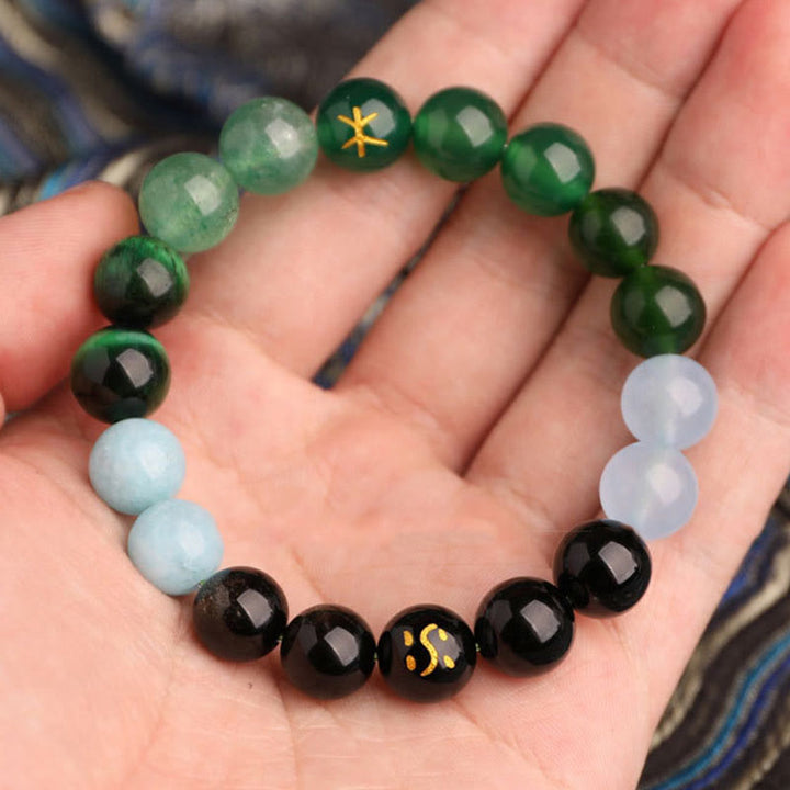 Buddha Stones Bransoletka mądrości z pięciu elementów z różnokolorowego agatu, czarnego onyksu i zielonego chalcedonu z akwamarynem - image 2