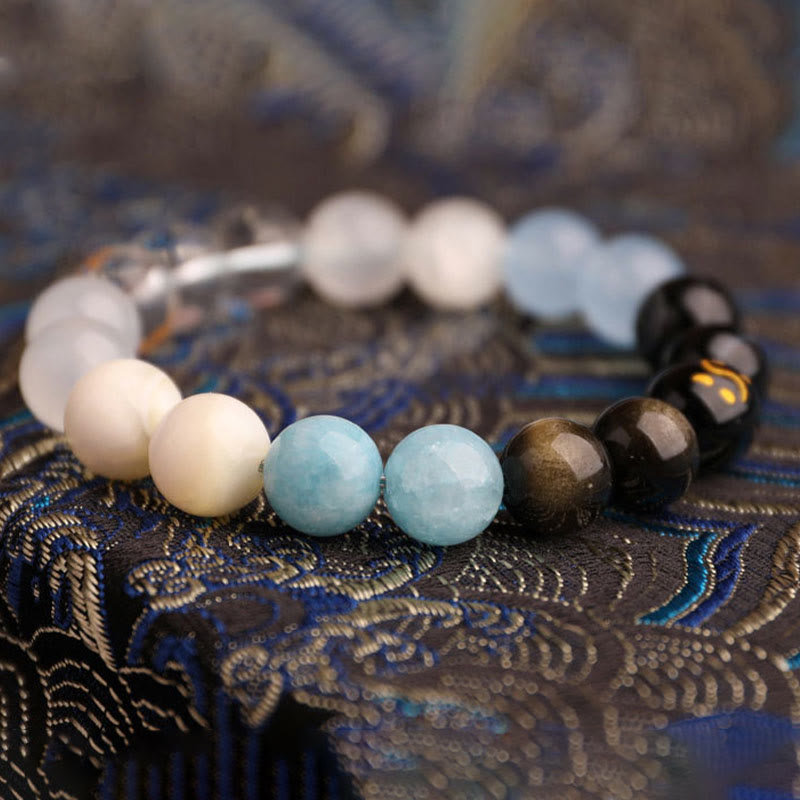 Buddha Stones Bransoletka mądrości z pięciu elementów z różnokolorowego agatu, czarnego onyksu i zielonego chalcedonu z akwamarynem - image 26