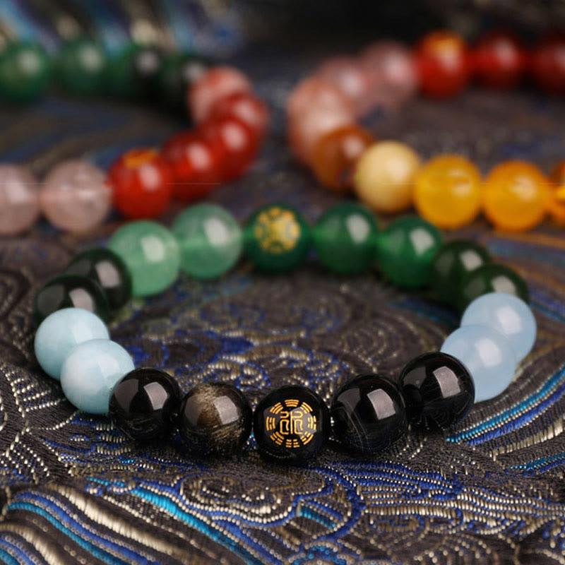 Buddha Stones Bransoletka mądrości z pięciu elementów z różnokolorowego agatu, czarnego onyksu i zielonego chalcedonu z akwamarynem - image 25