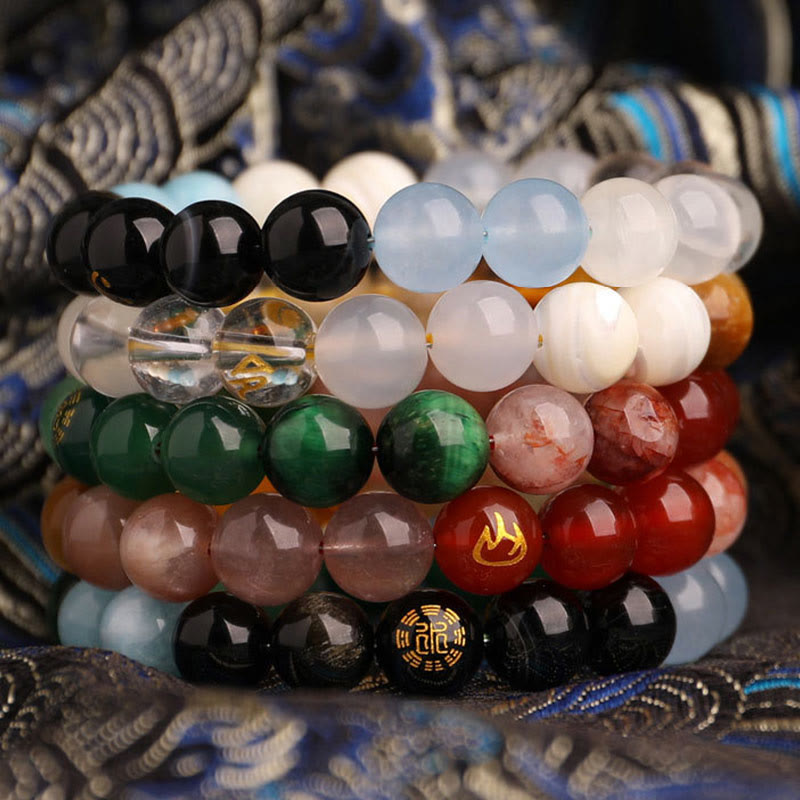 Buddha Stones Bransoletka mądrości z pięciu elementów z różnokolorowego agatu, czarnego onyksu i zielonego chalcedonu z akwamarynem - image 55