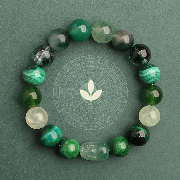 Buddha Stones Bransoletka z agatem, kryształem, zieloną truskawką i kwarcem, zielonym agatem i widmowym szczęściem, Five Elements - image 1