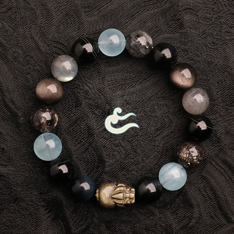 Buddha Stones Bransoletka z agatem, kryształem, zieloną truskawką i kwarcem, zielonym agatem i widmowym szczęściem, Five Elements - image 22