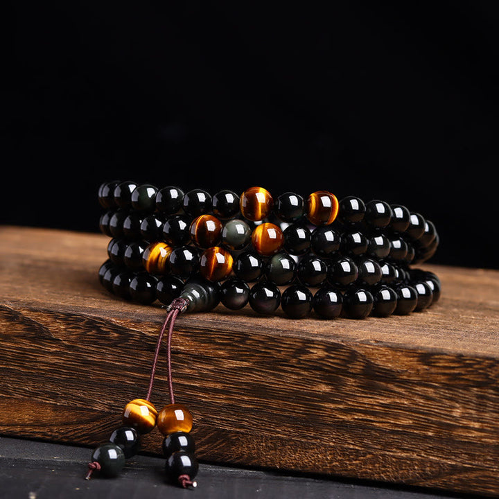 Buddha Stones 108 Mala Beads Czarny Obsydian Bransoletka Spełnienie Obsydianu