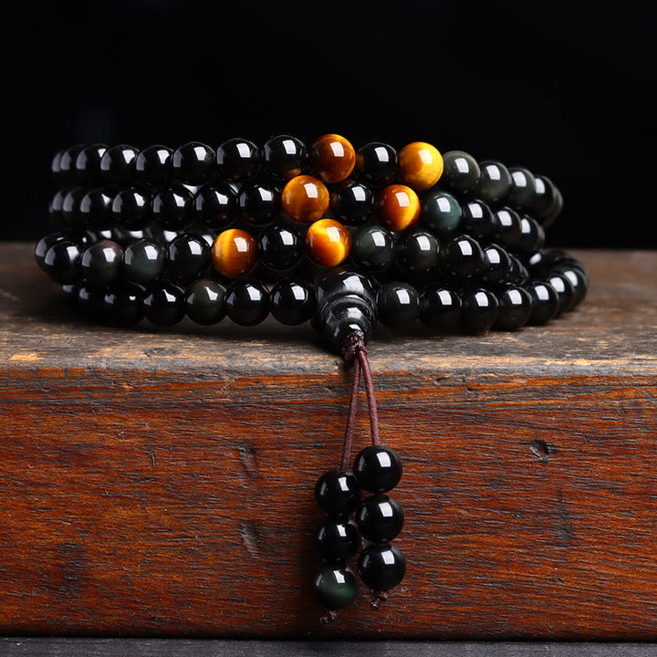 Buddha Stones 108 Mala Beads Czarny Obsydian Bransoletka Spełnienie Obsydianu