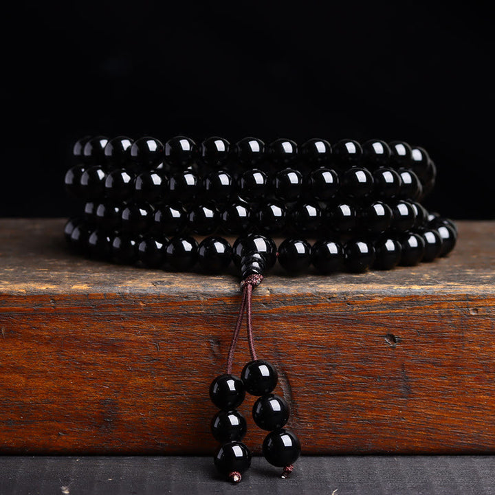 Buddha Stones 108 Mala Beads Czarny Obsydian Bransoletka Spełnienie Obsydianu