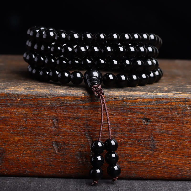 Buddha Stones 108 Mala Beads Czarny Obsydian Bransoletka Spełnienie Obsydianu