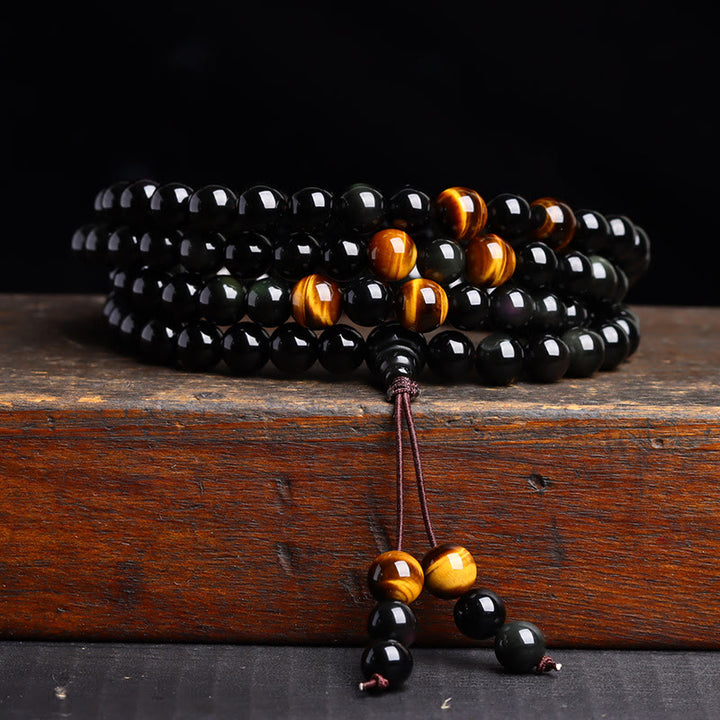 Buddha Stones 108 Mala Beads Czarny Obsydian Bransoletka Spełnienie Obsydianu