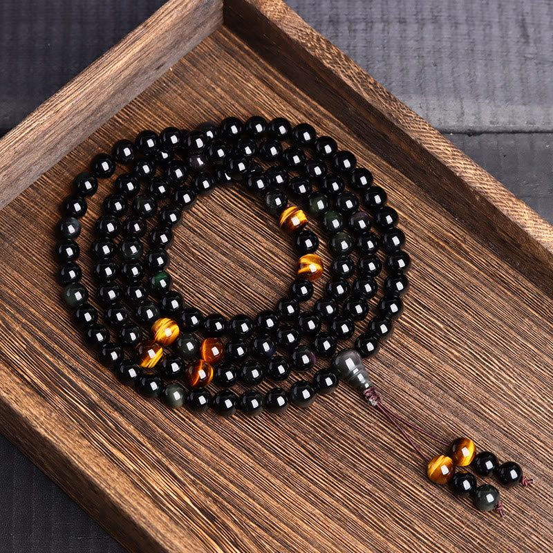 Buddha Stones 108 Mala Beads Czarny Obsydian Bransoletka Spełnienie Obsydianu