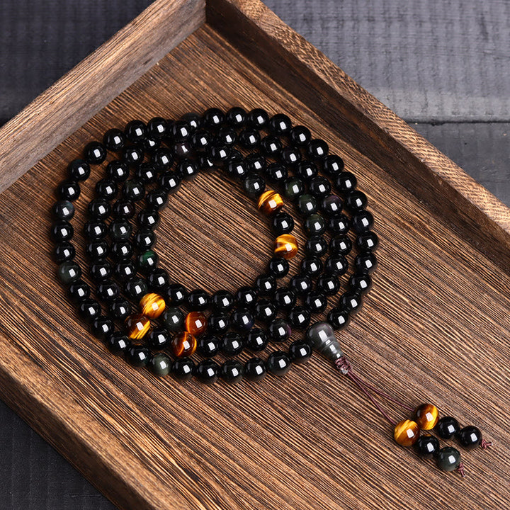 Buddha Stones 108 Mala Beads Czarny Obsydian Bransoletka Spełnienie Obsydianu