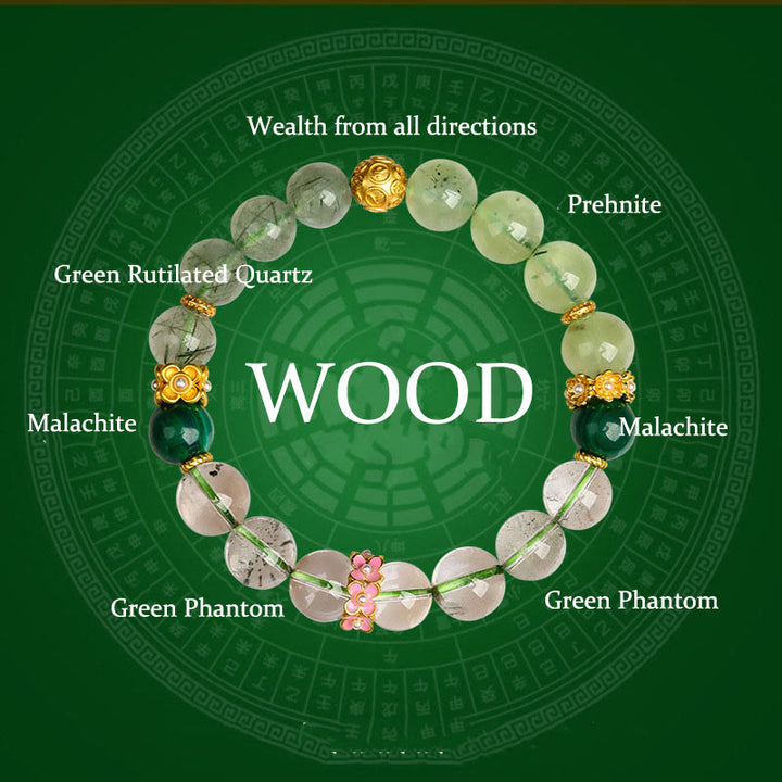 Buddha Stones Pięć Elementów Różnorodny Agat Kryształ Zielony Fantom Rutilated Kwarc Zielony Agat Winogronowy Malachit Bransoletka Szczęścia - Drewno (obwód nadgarstka: 14-16 cm) - image 0