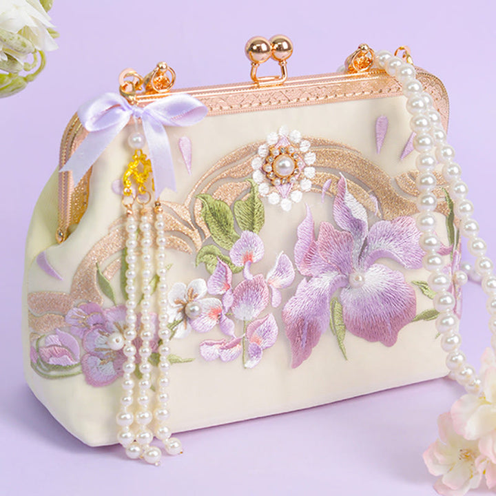 Buddha Stones Kwiaty Haftowane Tassel Wisiorek Perła Metalowy Łańcuch Torba Crossbody Torebki