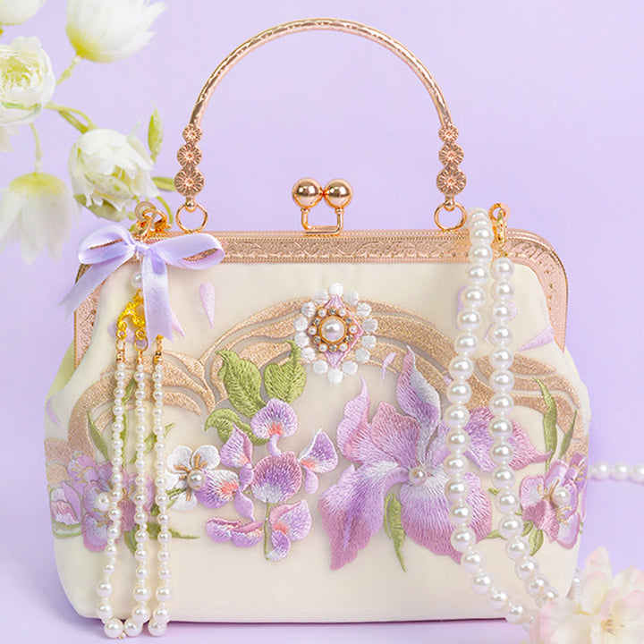 Buddha Stones Kwiaty Haftowane Tassel Wisiorek Perła Metalowy Łańcuch Torba Crossbody Torebki