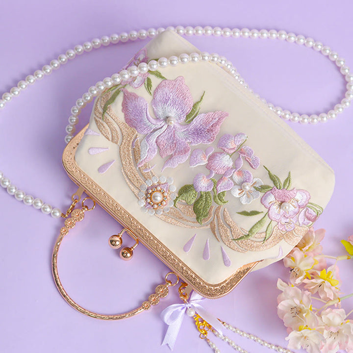 Buddha Stones Kwiaty Haftowane Tassel Wisiorek Perła Metalowy Łańcuch Torba Crossbody Torebki