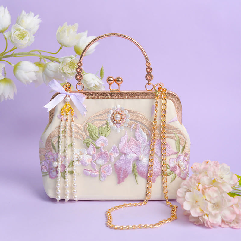 Buddha Stones Kwiaty Haftowane Tassel Wisiorek Perła Metalowy Łańcuch Torba Crossbody Torebki