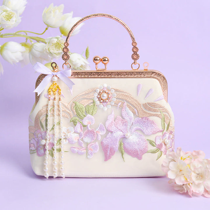 Buddha Stones Kwiaty Haftowane Tassel Wisiorek Perła Metalowy Łańcuch Torba Crossbody Torebki