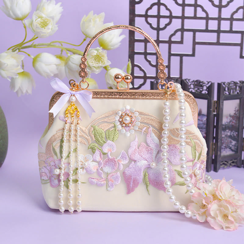 Buddha Stones Kwiaty Haftowane Tassel Wisiorek Perła Metalowy Łańcuch Torba Crossbody Torebki