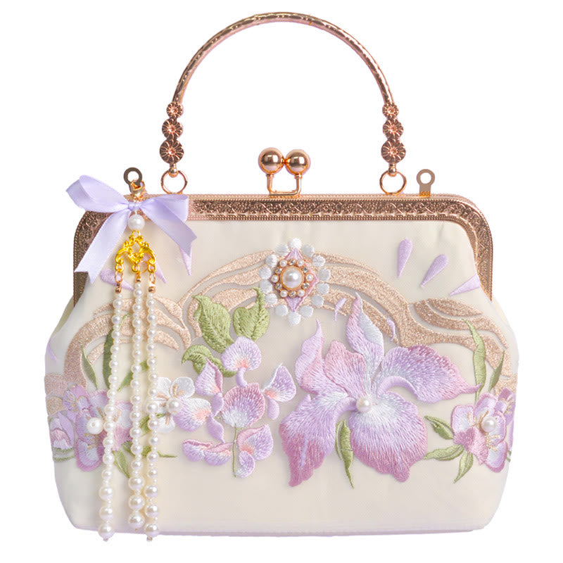 Buddha Stones Kwiaty Haftowane Tassel Wisiorek Perła Metalowy Łańcuch Torba Crossbody Torebki