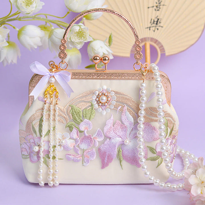 Buddha Stones Kwiaty Haftowane Tassel Wisiorek Perła Metalowy Łańcuch Torba Crossbody Torebki