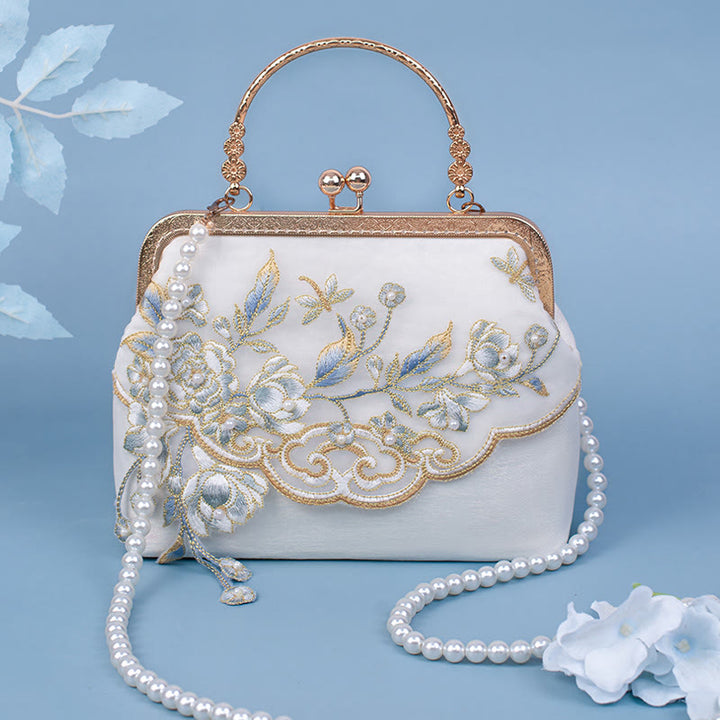 Buddha Stones Kwiaty Jaśminu Haft Perłowy Łańcuch Torba Crossbody Torebki