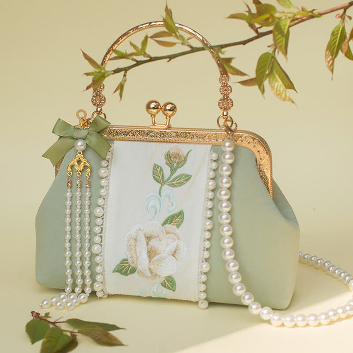 Buddha Stones Dwustronne kwiaty Haft Perła Wisiorek Metalowy Łańcuch Torba Crossbody Torebki