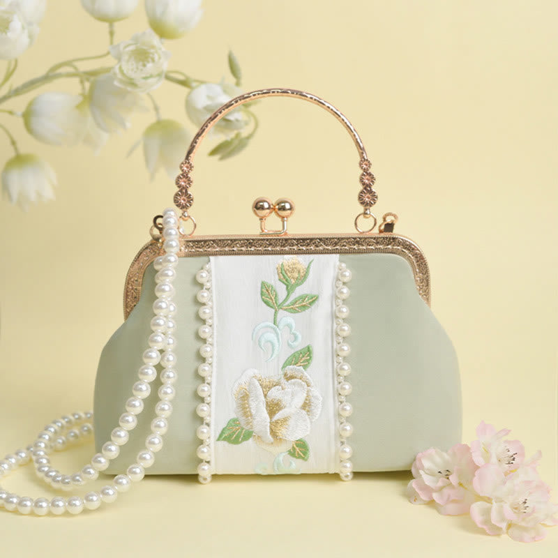 Buddha Stones Dwustronne kwiaty Haft Perła Wisiorek Metalowy Łańcuch Torba Crossbody Torebki