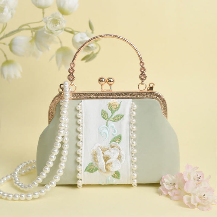 Buddha Stones Dwustronne kwiaty Haft Perła Wisiorek Metalowy Łańcuch Torba Crossbody Torebki