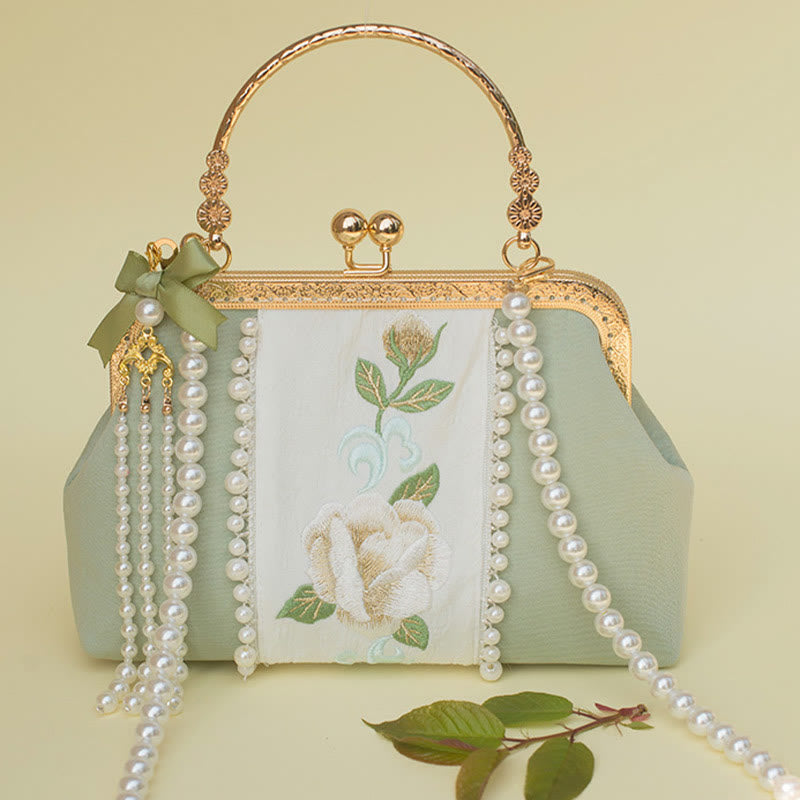 Buddha Stones Dwustronne kwiaty Haft Perła Wisiorek Metalowy Łańcuch Torba Crossbody Torebki