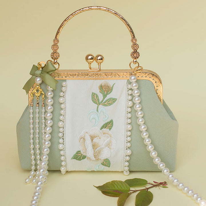 Buddha Stones Dwustronne kwiaty Haft Perła Wisiorek Metalowy Łańcuch Torba Crossbody Torebki