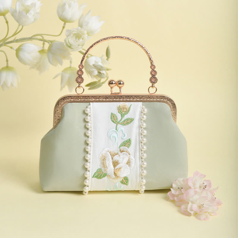 Buddha Stones Dwustronne kwiaty Haft Perła Wisiorek Metalowy Łańcuch Torba Crossbody Torebki