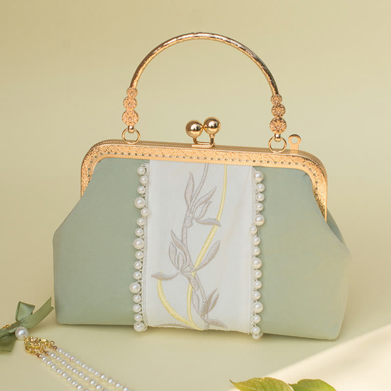 Buddha Stones Dwustronne kwiaty Haft Perła Wisiorek Metalowy Łańcuch Torba Crossbody Torebki