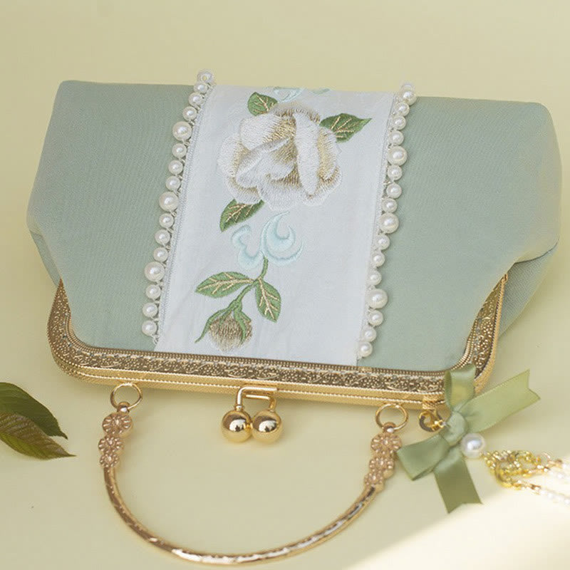 Buddha Stones Dwustronne kwiaty Haft Perła Wisiorek Metalowy Łańcuch Torba Crossbody Torebki