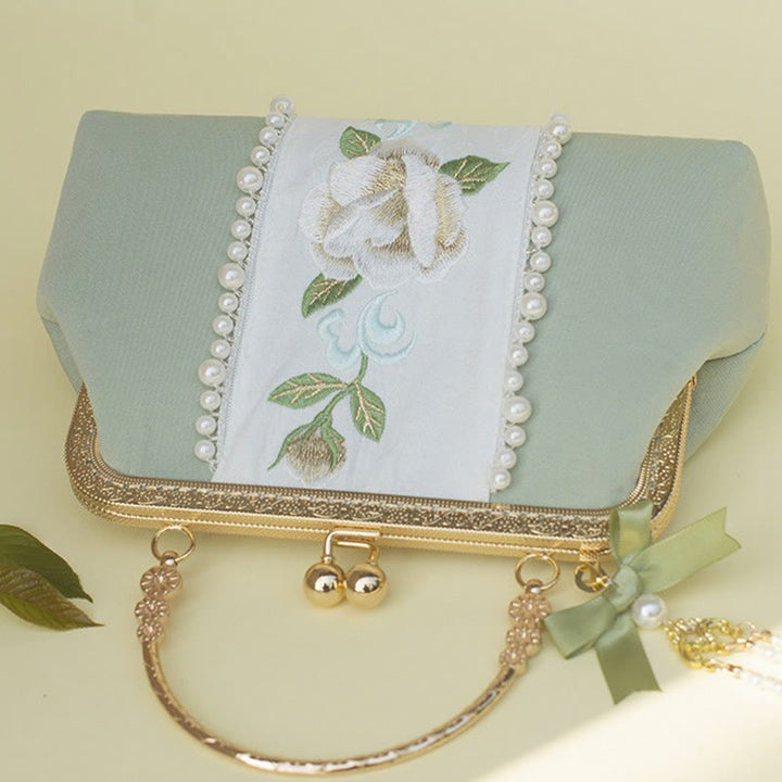 Buddha Stones Dwustronne kwiaty Haft Perła Wisiorek Metalowy Łańcuch Torba Crossbody Torebki