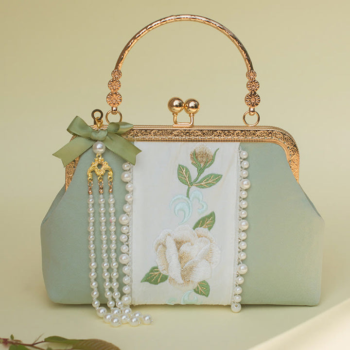 Buddha Stones Dwustronne kwiaty Haft Perła Wisiorek Metalowy Łańcuch Torba Crossbody Torebki