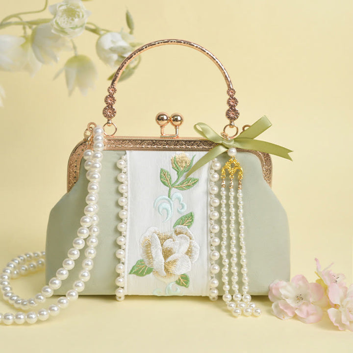 Buddha Stones Dwustronne kwiaty Haft Perła Wisiorek Metalowy Łańcuch Torba Crossbody Torebki