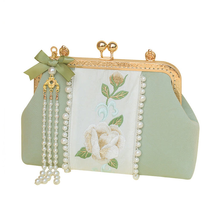 Buddha Stones Dwustronne kwiaty Haft Perła Wisiorek Metalowy Łańcuch Torba Crossbody Torebki