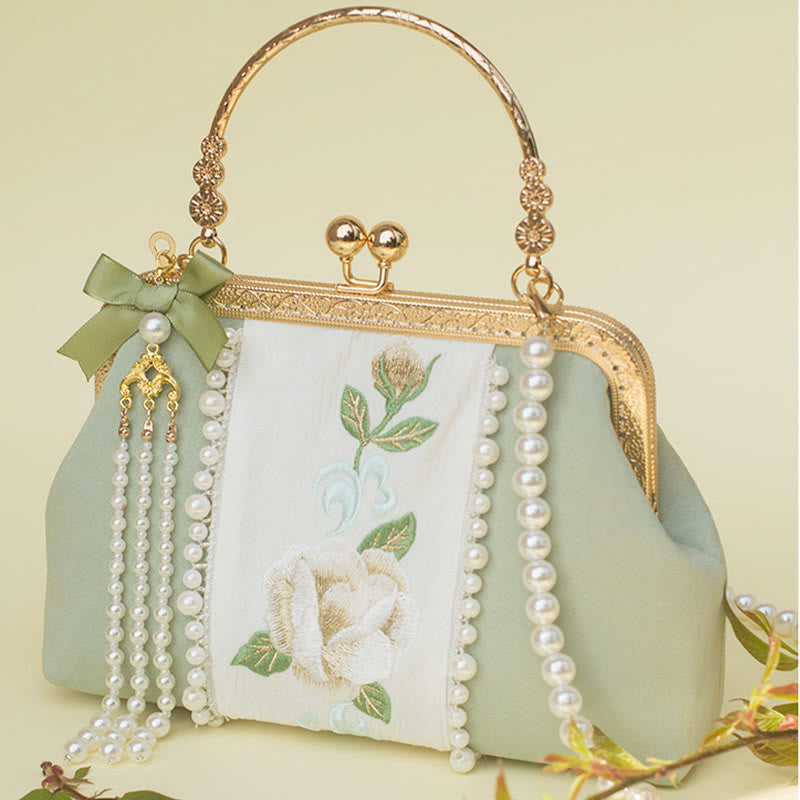 Buddha Stones Dwustronne kwiaty Haft Perła Wisiorek Metalowy Łańcuch Torba Crossbody Torebki