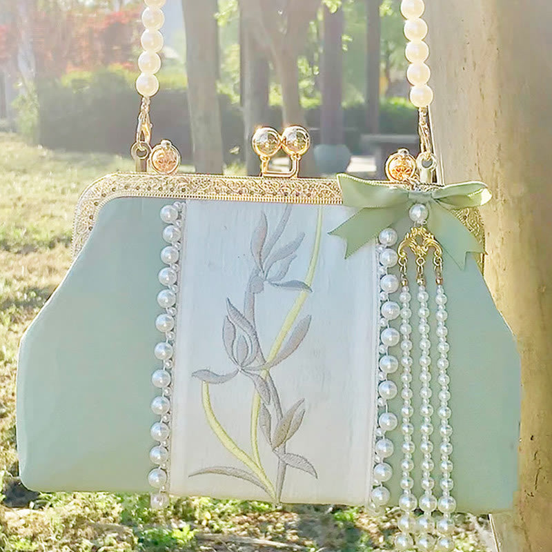 Buddha Stones Dwustronne kwiaty Haft Perła Wisiorek Metalowy Łańcuch Torba Crossbody Torebki