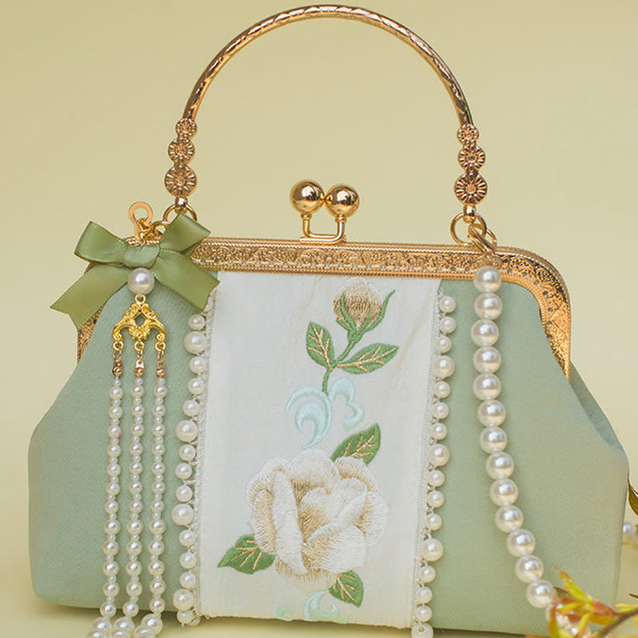 Buddha Stones Dwustronne kwiaty Haft Perła Wisiorek Metalowy Łańcuch Torba Crossbody Torebki