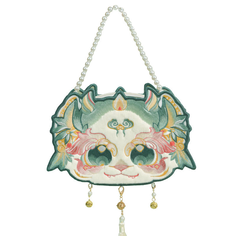 Buddha Stones Dwustronna Mityczna Bestia Bai Ze Haft Perłowy Łańcuszek Torba na Ramię Torba Crossbody