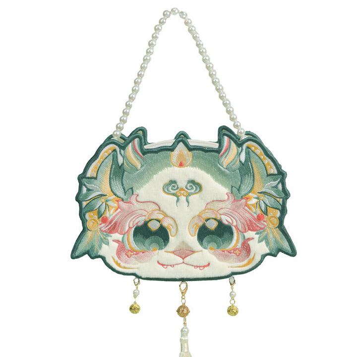 Buddha Stones Dwustronna Mityczna Bestia Bai Ze Haft Perłowy Łańcuszek Torba na Ramię Torba Crossbody
