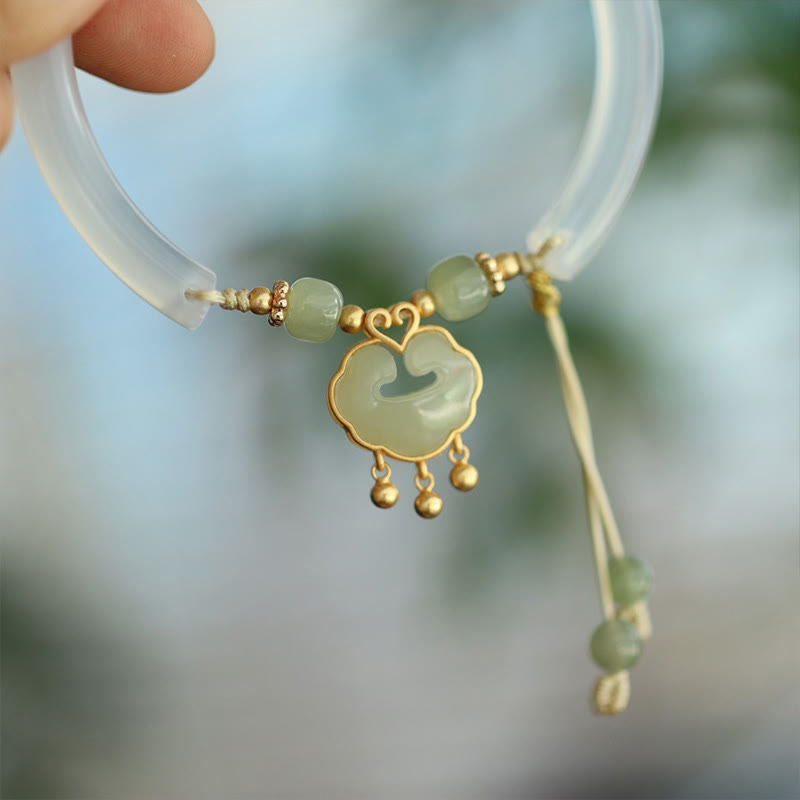 Buddha Stones Chalcedon Hetian Jade 925 Srebro Sterlingowe Pomyślna Chmura Ruyi Lock Harmony Mankiet Pół Bransoletka Bangle